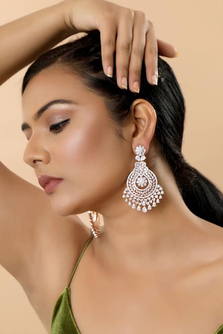 Shop Tizora Gold Plated Fabric Flowers, Diamonds Floral Embellished Chandelier Earrings at Aza Fashions Shop_Tizora_Gold Plated Fabric Flowers, Diamonds Floral Embellished Chandelier Earrings _at_Aza_Fashions