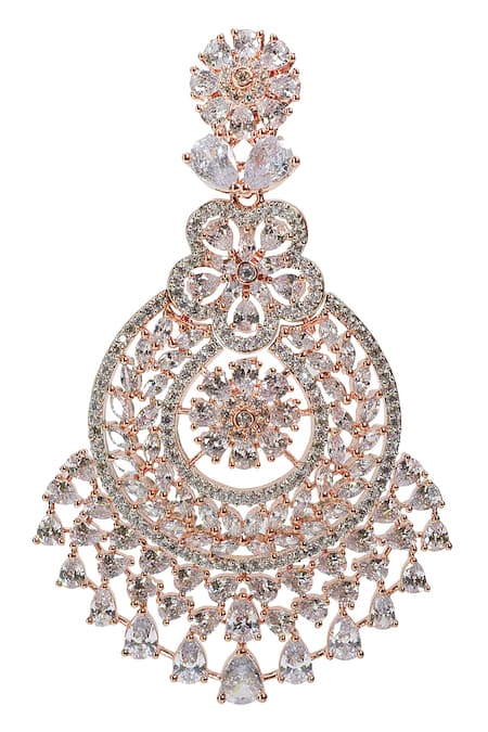 Tizora Gold Plated Fabric Flowers, Diamonds Floral Embellished Chandelier Earrings Online at Aza Fashions Tizora_Gold Plated Fabric Flowers, Diamonds Floral Embellished Chandelier Earrings _Online_at_Aza_Fashions