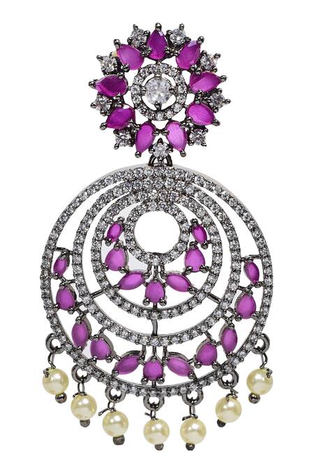 Tizora_Black Fabric Flowers Antique Finish Chandbali Earrings _Online_at_Aza_Fashions