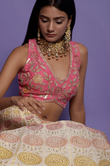 Two Sisters By Gyans_Ivory Blouse Raw Silk, Lehenga And Dupatta Banarasi Floral, Embellished Set _at_Aza_Fashions