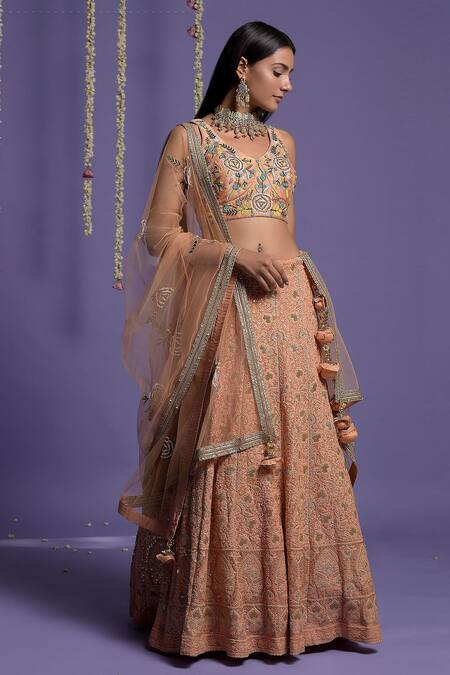 Two Sisters By Gyans_Peach Georgette Resham, Sequin, Zardozi V Neck Embroidered Bridal Lehenga Set_Online_at_Aza_Fashions