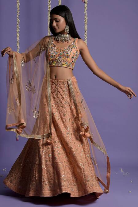 Buy_Two Sisters By Gyans_Peach Georgette Resham, Sequin, Zardozi V Neck Embroidered Bridal Lehenga Set_Online_at_Aza_Fashions