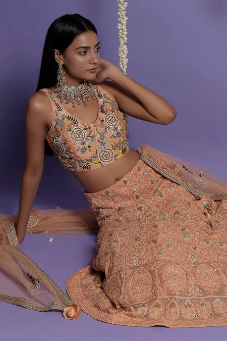 Shop_Two Sisters By Gyans_Peach Georgette Resham, Sequin, Zardozi V Neck Embroidered Bridal Lehenga Set_Online_at_Aza_Fashions