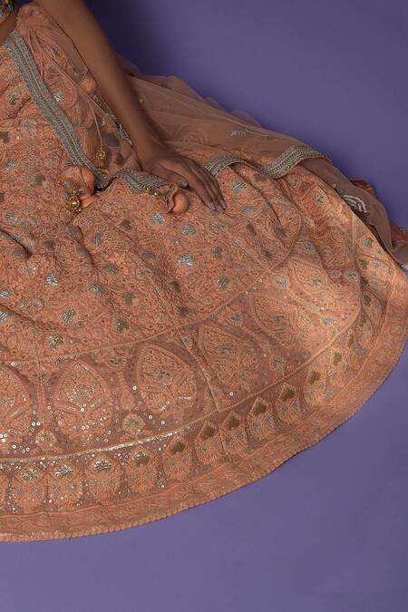 Two Sisters By Gyans_Peach Georgette Resham, Sequin, Zardozi V Neck Embroidered Bridal Lehenga Set_at_Aza_Fashions