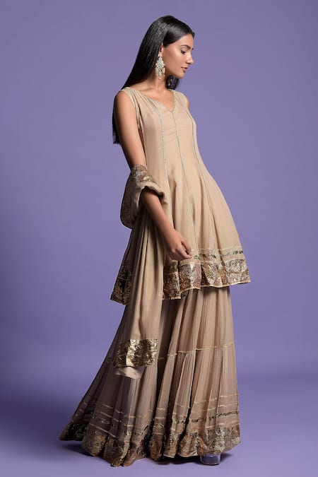 Two Sisters By Gyans_Gold "georgette Gota V Neck Embroidered Anarkali Sharara Set _Online_at_Aza_Fashions