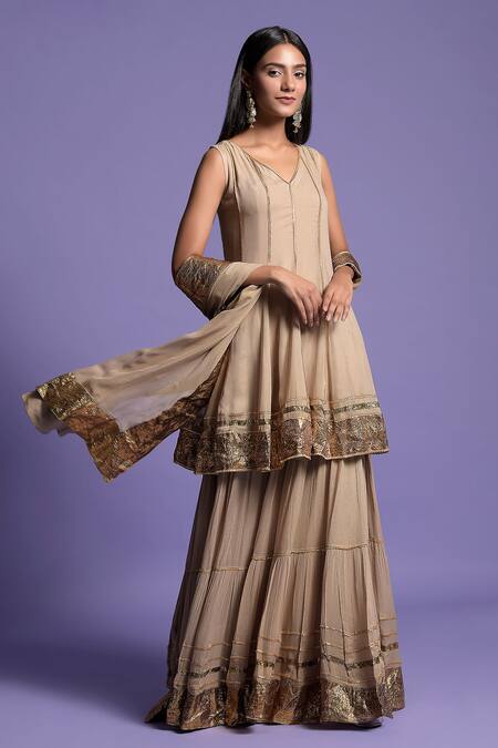 Buy_Two Sisters By Gyans_Gold "georgette Gota V Neck Embroidered Anarkali Sharara Set _Online_at_Aza_Fashions