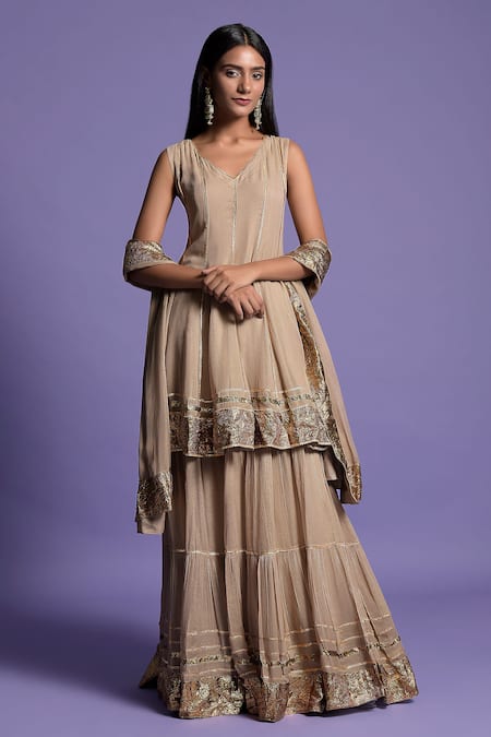 Shop_Two Sisters By Gyans_Gold "georgette Gota V Neck Embroidered Anarkali Sharara Set _Online_at_Aza_Fashions