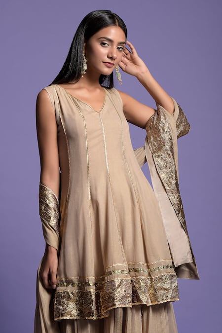 Two Sisters By Gyans_Gold "georgette Gota V Neck Embroidered Anarkali Sharara Set _at_Aza_Fashions