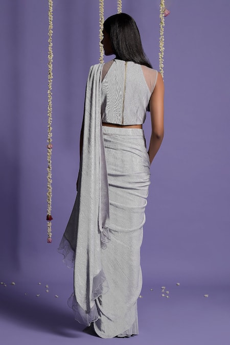 Shop Two Sisters By Gyans Grey Viscose Round Pre-draped Saree With Halter Neck Blouse at Aza Fashions Shop_Two Sisters By Gyans_Grey Viscose Round Pre-draped Saree With Halter Neck Blouse _at_Aza_Fashions