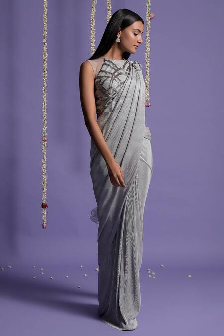 Two Sisters By Gyans Grey Viscose Round Pre-draped Saree With Halter Neck Blouse Online at Aza Fashions Two Sisters By Gyans_Grey Viscose Round Pre-draped Saree With Halter Neck Blouse _Online_at_Aza_Fashions