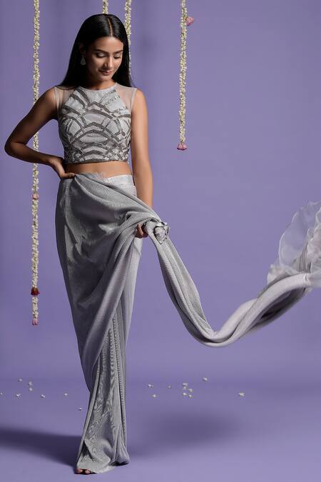 Buy Two Sisters By Gyans Grey Viscose Round Pre-draped Saree With Halter Neck Blouse Online at Aza Fashions Buy_Two Sisters By Gyans_Grey Viscose Round Pre-draped Saree With Halter Neck Blouse _Online_at_Aza_Fashions