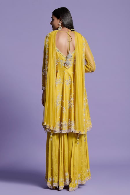 Shop Two Sisters By Gyans Yellow Anarkali Raw Silk, Sharara Georgette Cutdana, Floral, Embroidered Set at Aza Fashions Shop_Two Sisters By Gyans_Yellow Anarkali Raw Silk, Sharara Georgette Cutdana, Floral, Embroidered Set _at_Aza_Fashions