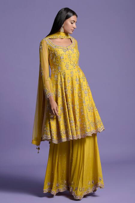 Two Sisters By Gyans Yellow Anarkali Raw Silk, Sharara Georgette Cutdana, Floral, Embroidered Set Online at Aza Fashions Two Sisters By Gyans_Yellow Anarkali Raw Silk, Sharara Georgette Cutdana, Floral, Embroidered Set _Online_at_Aza_Fashions