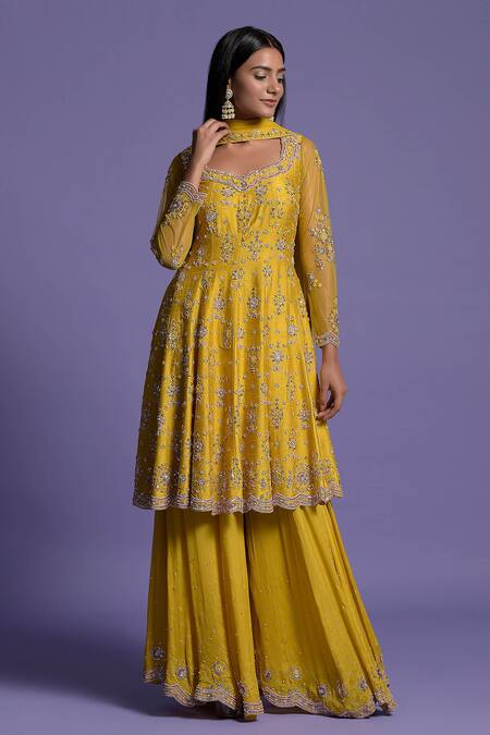 Buy Two Sisters By Gyans Yellow Anarkali Raw Silk, Sharara Georgette Cutdana, Floral, Embroidered Set Online at Aza Fashions Buy_Two Sisters By Gyans_Yellow Anarkali Raw Silk, Sharara Georgette Cutdana, Floral, Embroidered Set _Online_at_Aza_Fashions