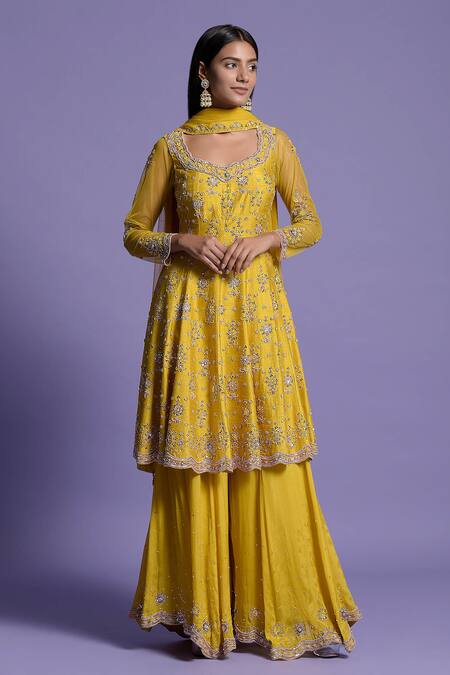 Shop Two Sisters By Gyans Yellow Anarkali Raw Silk, Sharara Georgette Cutdana, Floral, Embroidered Set Online at Aza Fashions Shop_Two Sisters By Gyans_Yellow Anarkali Raw Silk, Sharara Georgette Cutdana, Floral, Embroidered Set _Online_at_Aza_Fashions
