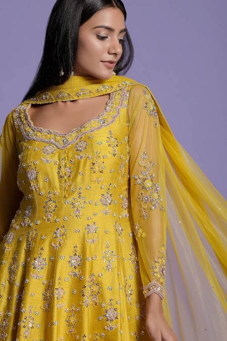 Two Sisters By Gyans Yellow Anarkali Raw Silk, Sharara Georgette Cutdana, Floral, Embroidered Set at Aza Fashions Two Sisters By Gyans_Yellow Anarkali Raw Silk, Sharara Georgette Cutdana, Floral, Embroidered Set _at_Aza_Fashions