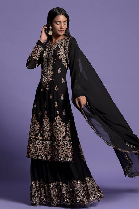 Shop_Two Sisters By Gyans_Black Georgette Floral, Aari, Zardozi Notched Embroidered Kurta Sharara Set _Online_at_Aza_Fashions