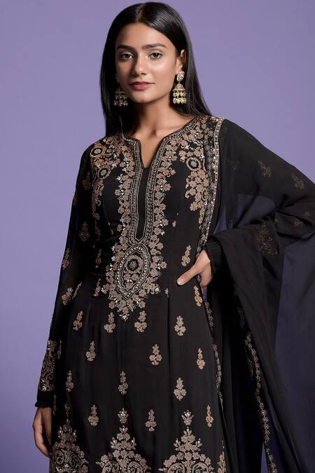 Two Sisters By Gyans_Black Georgette Floral, Aari, Zardozi Notched Embroidered Kurta Sharara Set _at_Aza_Fashions