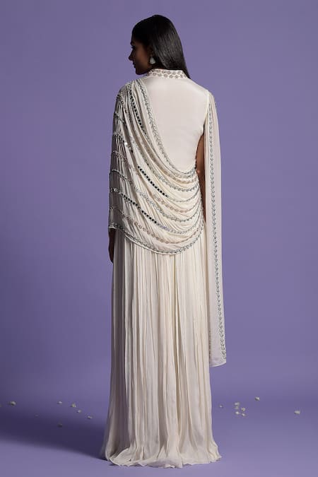 Shop Two Sisters By Gyans Ivory Viscose Floral Mandarin Collar Embroidered Drape Gown at Aza Fashions Shop_Two Sisters By Gyans_Ivory Viscose Floral Mandarin Collar Embroidered Drape Gown _at_Aza_Fashions