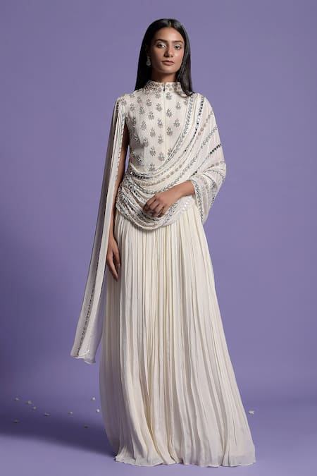 Two Sisters By Gyans Ivory Viscose Floral Mandarin Collar Embroidered Drape Gown Online at Aza Fashions Two Sisters By Gyans_Ivory Viscose Floral Mandarin Collar Embroidered Drape Gown _Online_at_Aza_Fashions