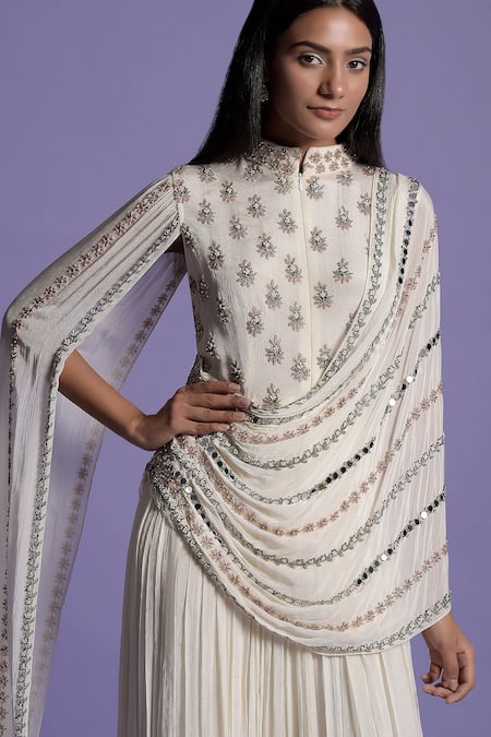 Shop Two Sisters By Gyans Ivory Viscose Floral Mandarin Collar Embroidered Drape Gown Online at Aza Fashions Shop_Two Sisters By Gyans_Ivory Viscose Floral Mandarin Collar Embroidered Drape Gown _Online_at_Aza_Fashions