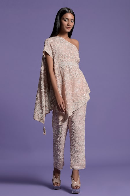 Two Sisters By Gyans_Pink Soft Organza Pipe, Sequin, Bead Asymmetric Embroidered Cape Top And Pant Set _Online_at_Aza_Fashions