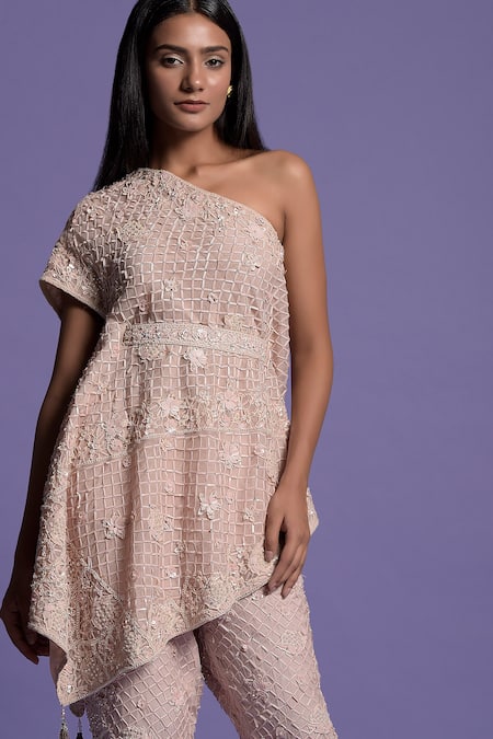 Shop_Two Sisters By Gyans_Pink Soft Organza Pipe, Sequin, Bead Asymmetric Embroidered Cape Top And Pant Set _Online_at_Aza_Fashions