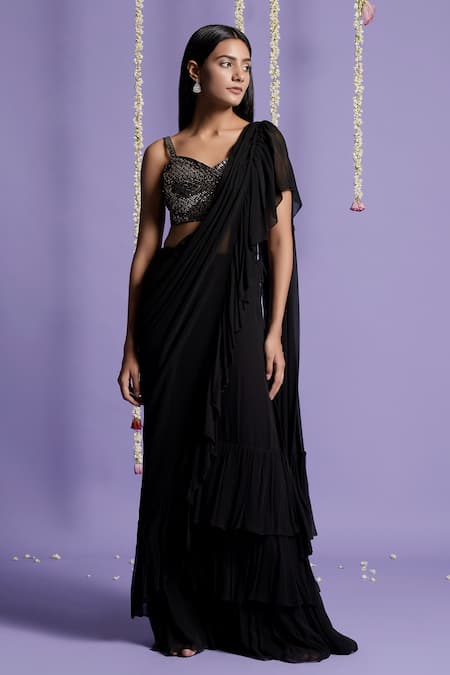 Two Sisters By Gyans Black Georgette Embroidery Sequin Pre-draped Ruffle Saree With Blouse 