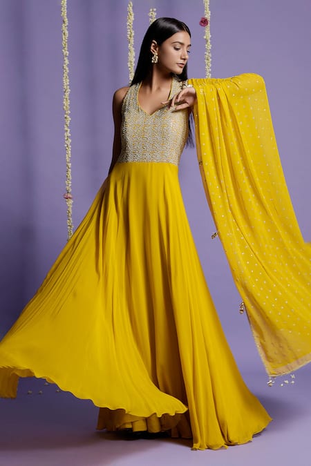 Two Sisters By Gyans_Yellow Georgette Sequin V Neck Embellished Anarkali With Dupatta _Online_at_Aza_Fashions