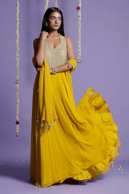 Buy_Two Sisters By Gyans_Yellow Georgette Sequin V Neck Embellished Anarkali With Dupatta _Online_at_Aza_Fashions