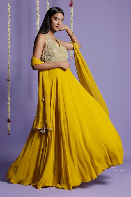 Shop_Two Sisters By Gyans_Yellow Georgette Sequin V Neck Embellished Anarkali With Dupatta _Online_at_Aza_Fashions