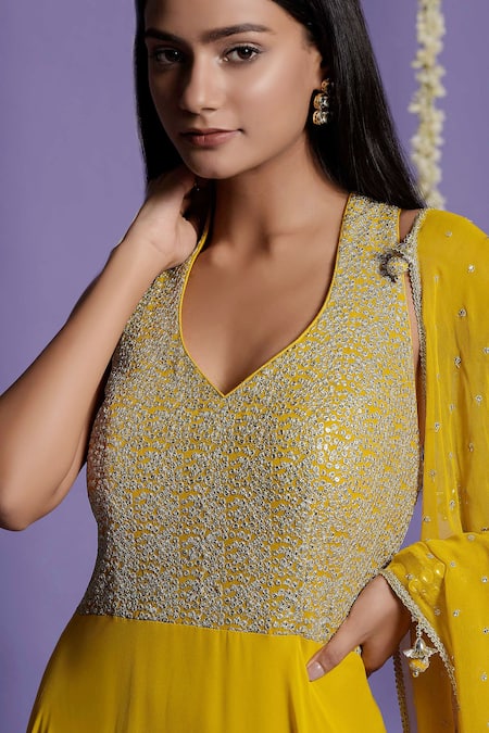 Two Sisters By Gyans_Yellow Georgette Sequin V Neck Embellished Anarkali With Dupatta _at_Aza_Fashions