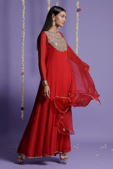 Two Sisters By Gyans_Red "georgette Mirror, Zari Round Embroidered Anarkali With Dupatta _Online_at_Aza_Fashions