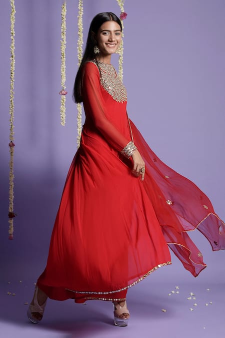 Buy_Two Sisters By Gyans_Red "georgette Mirror, Zari Round Embroidered Anarkali With Dupatta _Online_at_Aza_Fashions