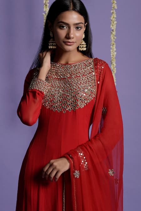 Shop_Two Sisters By Gyans_Red "georgette Mirror, Zari Round Embroidered Anarkali With Dupatta _Online_at_Aza_Fashions
