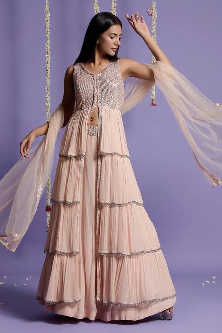 Buy_Two Sisters By Gyans_Pink Georgette Sequin V Neck Layered Kurta Lehenga Set _Online_at_Aza_Fashions