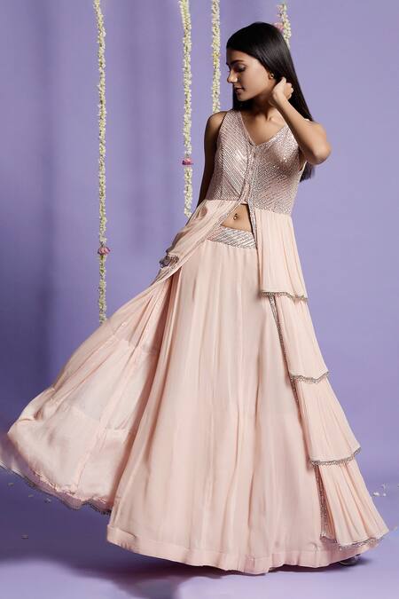 Shop_Two Sisters By Gyans_Pink Georgette Sequin V Neck Layered Kurta Lehenga Set _Online_at_Aza_Fashions