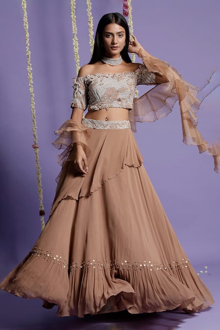 Two Sisters By Gyans_Brown Georgette Pearl, Resham, Cut Bead Straight Layered Lehenga Set _Online_at_Aza_Fashions