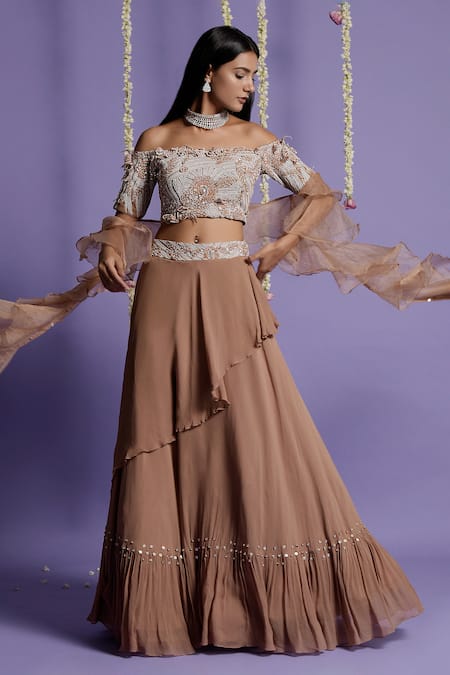 Buy_Two Sisters By Gyans_Brown Georgette Pearl, Resham, Cut Bead Straight Layered Lehenga Set _Online_at_Aza_Fashions