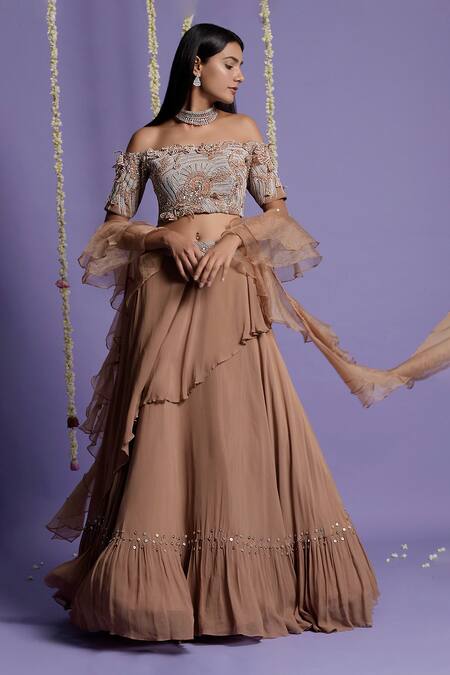 Shop_Two Sisters By Gyans_Brown Georgette Pearl, Resham, Cut Bead Straight Layered Lehenga Set _Online_at_Aza_Fashions