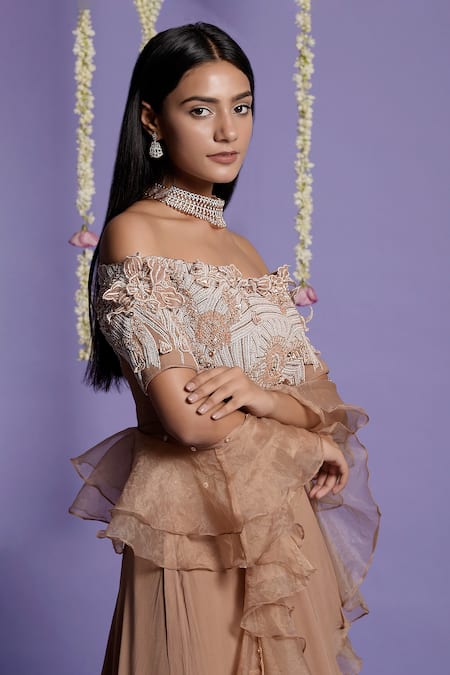 Two Sisters By Gyans_Brown Georgette Pearl, Resham, Cut Bead Straight Layered Lehenga Set _at_Aza_Fashions