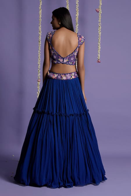 Shop Two Sisters By Gyans Blue Georgette Floral, Mirror Crop Top Scallop V Embroidered And Lehenga Set at Aza Fashions Shop_Two Sisters By Gyans_Blue Georgette Floral, Mirror Crop Top Scallop V Embroidered And Lehenga Set _at_Aza_Fashions