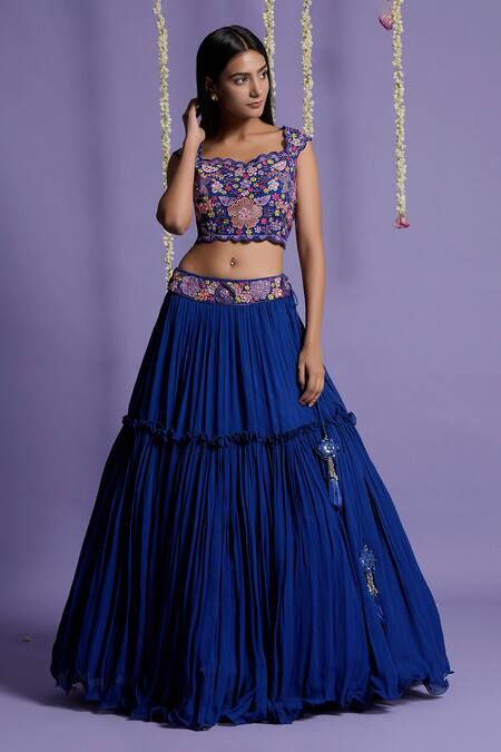Two Sisters By Gyans Blue Georgette Floral, Mirror Crop Top Scallop V Embroidered And Lehenga Set Online at Aza Fashions Two Sisters By Gyans_Blue Georgette Floral, Mirror Crop Top Scallop V Embroidered And Lehenga Set _Online_at_Aza_Fashions