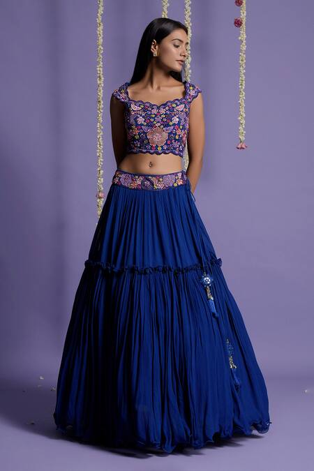 Buy Two Sisters By Gyans Blue Georgette Floral, Mirror Crop Top Scallop V Embroidered And Lehenga Set Online at Aza Fashions Buy_Two Sisters By Gyans_Blue Georgette Floral, Mirror Crop Top Scallop V Embroidered And Lehenga Set _Online_at_Aza_Fashions