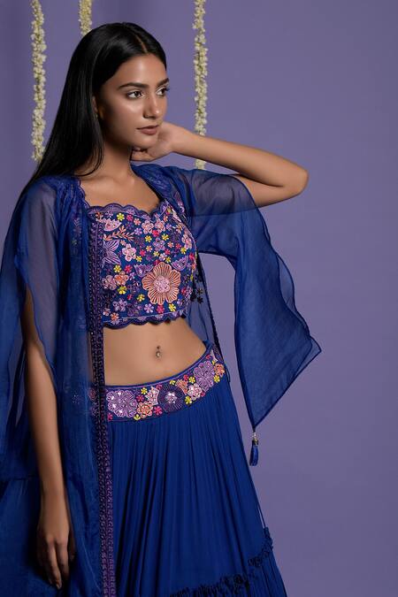 Shop Two Sisters By Gyans Blue Georgette Floral, Mirror Crop Top Scallop V Embroidered And Lehenga Set Online at Aza Fashions Shop_Two Sisters By Gyans_Blue Georgette Floral, Mirror Crop Top Scallop V Embroidered And Lehenga Set _Online_at_Aza_Fashions