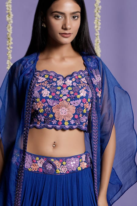 Two Sisters By Gyans Blue Georgette Floral, Mirror Crop Top Scallop V Embroidered And Lehenga Set at Aza Fashions Two Sisters By Gyans_Blue Georgette Floral, Mirror Crop Top Scallop V Embroidered And Lehenga Set _at_Aza_Fashions