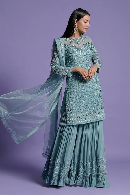 Two Sisters By Gyans Blue Georgette Pearl, Sequin, Cut Bead Closed Neck Embroidered Kurta Sharara Set Online at Aza Fashions Two Sisters By Gyans_Blue Georgette Pearl, Sequin, Cut Bead Closed Neck Embroidered Kurta Sharara Set _Online_at_Aza_Fashions