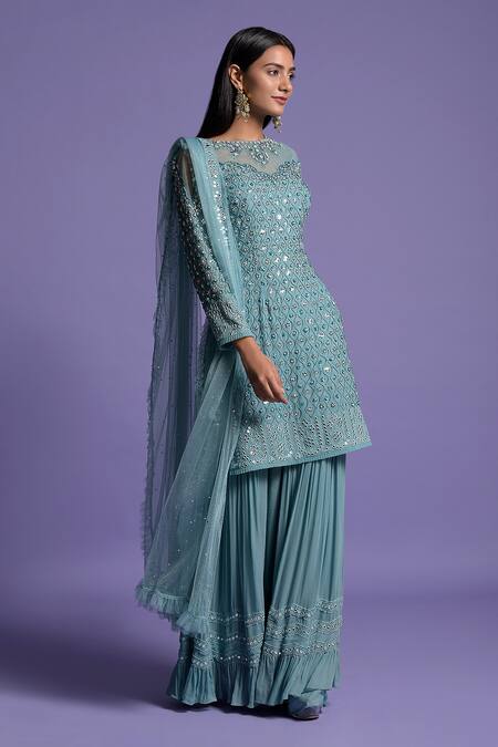 Buy Two Sisters By Gyans Blue Georgette Pearl, Sequin, Cut Bead Closed Neck Embroidered Kurta Sharara Set Online at Aza Fashions Buy_Two Sisters By Gyans_Blue Georgette Pearl, Sequin, Cut Bead Closed Neck Embroidered Kurta Sharara Set _Online_at_Aza_Fashions
