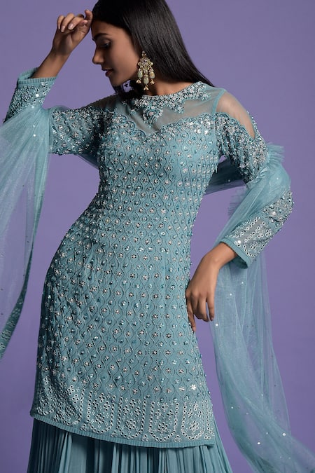 Shop Two Sisters By Gyans Blue Georgette Pearl, Sequin, Cut Bead Closed Neck Embroidered Kurta Sharara Set Online at Aza Fashions Shop_Two Sisters By Gyans_Blue Georgette Pearl, Sequin, Cut Bead Closed Neck Embroidered Kurta Sharara Set _Online_at_Aza_Fashions