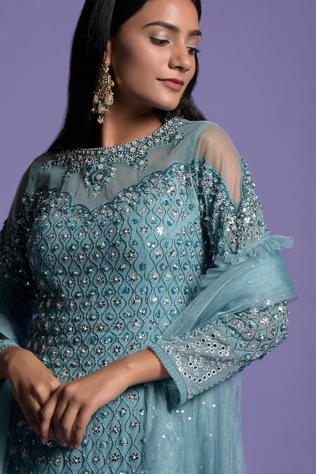 Two Sisters By Gyans Blue Georgette Pearl, Sequin, Cut Bead Closed Neck Embroidered Kurta Sharara Set at Aza Fashions Two Sisters By Gyans_Blue Georgette Pearl, Sequin, Cut Bead Closed Neck Embroidered Kurta Sharara Set _at_Aza_Fashions